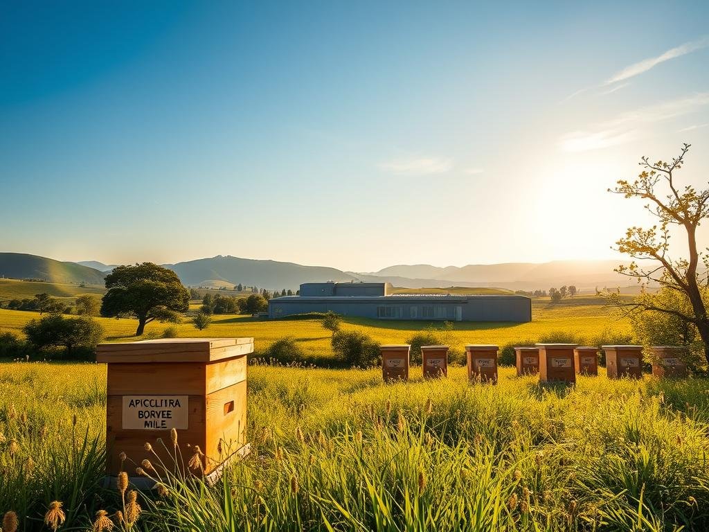 A pastoral scene of a serene Italian countryside, bathed in golden afternoon light. In the foreground, a well-tended apiary buzzes with activity, the hives emblazoned with the APICOLTURA BORVEI MIELE brand. Surrounding the apiary, lush green meadows dotted with wildflowers sway gently in a light breeze. In the middle ground, a modern, efficient honey processing facility stands, its sleek architecture and clean lines reflecting the operational efficiency of the honey production process. In the background, rolling hills and a vibrant blue sky complete the idyllic, tranquil setting, conveying a sense of harmony between nature, technology, and the dedicated work of the honey producers.