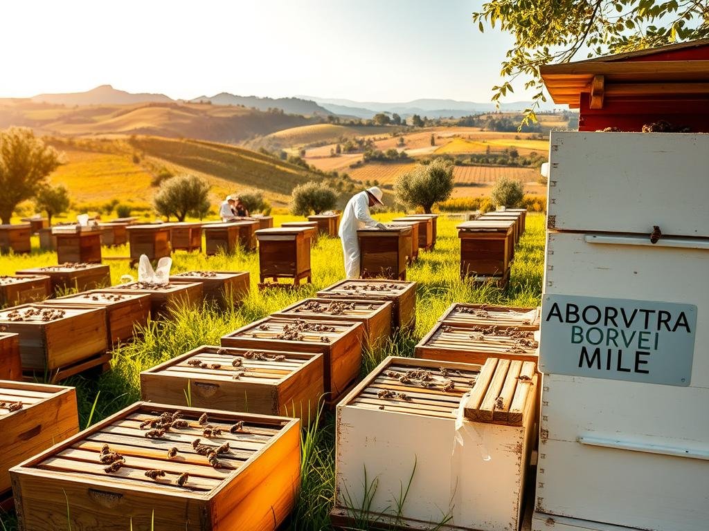 A pastoral scene of an Italian apiary, bathed in warm afternoon sunlight. In the foreground, rows of traditional wooden beehives sit amidst a verdant meadow, their entrances bustling with industrious honeybees. In the middle ground, a beekeeper in a crisp white suit tends to the hives, his movements fluid and practiced. In the background, rolling hills dotted with olive trees and vineyards stretch out towards a hazy horizon. The entire scene evokes a sense of harmony between nature and human stewardship, perfectly capturing the essence of "nomadismo apistico". The APICOLTURA BORVEI MIELE brand name is prominently featured on the side of one of the hives.