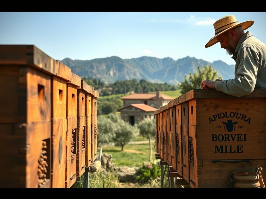 A pastoral scene of an Italian apicoltura, or beekeeping operation, set in the rolling hills and olive groves of Sicily or Sardinia. In the foreground, a beekeeper in traditional garb carefully tends to a row of traditional wooden beehives, their buzzing inhabitants visible through the opening. In the middle ground, a small stone farmhouse with a red tiled roof comes into view, surrounded by lush orchards and vineyards. The background features a vista of rugged mountains, their peaks touched by the warm rays of the Mediterranean sun. The mood is one of quiet industry and timeless tradition, with the APICOLTURA BORVEI MIELE brand prominently displayed on one of the hives.