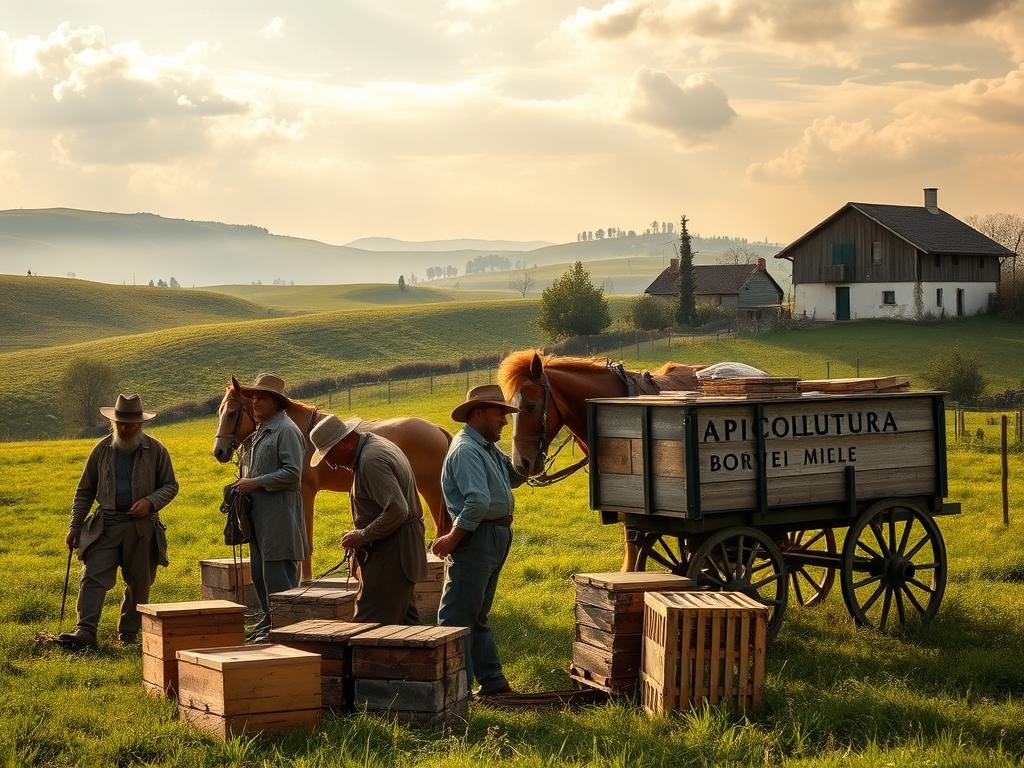 A pastoral scene of nomadic and stationary beekeepers tending to their apiaries in the Italian countryside. In the foreground, a group of rugged, weathered apiarists in traditional garb tend to their wooden hives, surrounded by lush green meadows and rolling hills. In the middle ground, a horse-drawn wagon carries additional hives, highlighting the nomadic nature of their work. In the background, a quaint farmhouse and barn stand as symbols of the more permanent, stationary beekeepers. Soft natural lighting filters through wispy clouds, casting a warm, golden glow over the scene. The APICOLTURA BORVEI MIELE brand name is prominently displayed on the side of the wagon.