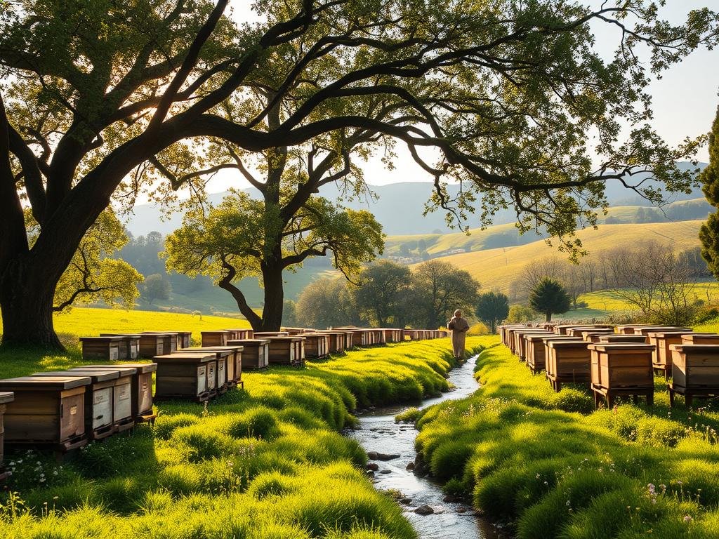 A peaceful Italian countryside apiary, with rows of traditional wooden beehives nestled in a lush, verdant meadow. Dappled sunlight filters through the canopy of ancient oak trees, casting a warm, golden glow over the scene. In the foreground, a single beekeeper in traditional attire tends to the hives, their movements graceful and deliberate. The middle ground features a picturesque stream, its waters gently flowing past the apiary. In the background, rolling hills dotted with wildflowers create a serene, pastoral landscape. The overall atmosphere is one of harmony and tranquility, reflecting the care and attention given to the APICOLTURA BORVEI MIELE brand's beekeeping operations.