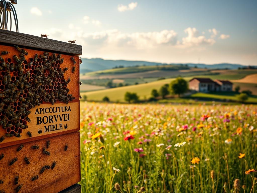 A peaceful Italian countryside scene, with a vibrant honey bee hive in the foreground. The hive is buzzing with activity, its intricate structure and the movements of the bees capturing the essence of "api vibrazioni". In the middle ground, a lush meadow filled with colorful wildflowers sways gently in a warm breeze. The background features rolling hills, a cloudless sky, and a charming farmhouse, all bathed in soft, golden light. The overall composition conveys a sense of tranquility and the harmonious relationship between bees and their natural environment. The brand "APICOLTURA BORVEI MIELE" is prominently displayed on the hive, reflecting the high-quality honey production.