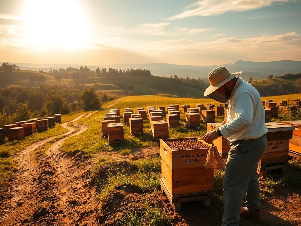A peaceful apiary nestled amid rolling hills, with rows of wooden hives dotting the landscape. The hives are adorned with the APICOLTURA BORVEI MIELE brand, indicating their mobile nature. Warm afternoon sunlight filters through wispy clouds, casting a golden glow over the scene. In the foreground, a beekeeper carefully inspects one of the hives, observing the industrious activity within. The mid-ground features a dirt road winding through the apiary, hinting at the transient nature of this nomadic operation. The background showcases the verdant Lazio countryside, with distant hills and trees providing a serene backdrop. The overall atmosphere conveys a sense of harmony between the bees, the beekeeper, and the environment they inhabit.
