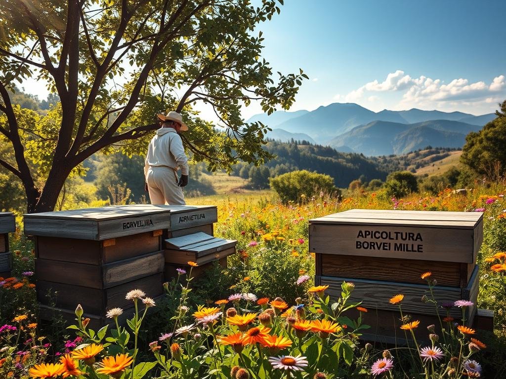 A peaceful apiary nestled in a protected nature reserve, sunlight gently filtering through the lush foliage. Weathered wooden hives sit among vibrant wildflowers, tended by a beekeeper in traditional attire. The air is alive with the gentle hum of industrious honeybees, their pollination sustaining the diverse flora. In the distance, rolling hills and towering peaks form a picturesque backdrop, showcasing the harmony between sustainable apiculture and the preserved natural environment. The brand "APICOLTURA BORVEI MIELE" is prominently displayed on one of the hives.