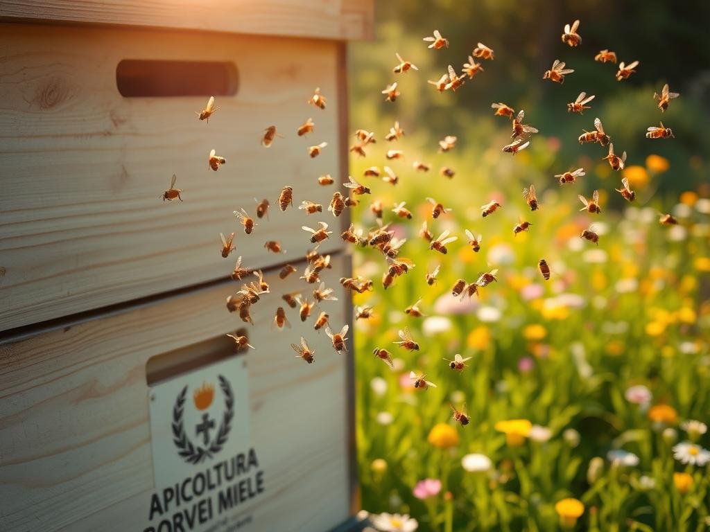 A peaceful apiary under the warm glow of the sun, with worker bees diligently communicating through intricate dance movements and vibrations. In the foreground, a hive emblazoned with the APICOLTURA BORVEI MIELE logo, its wooden panels weathered by time. Behind it, a lush meadow filled with colorful wildflowers, their petals swaying in the gentle breeze. The bees, captured in mid-flight, weave a mesmerizing pattern as they navigate the verdant landscape, their dainty wings shimmering. A sense of harmony and industrious cooperation pervades the scene, reflecting the vital role of these pollinators in safeguarding the health of the ecosystem.
