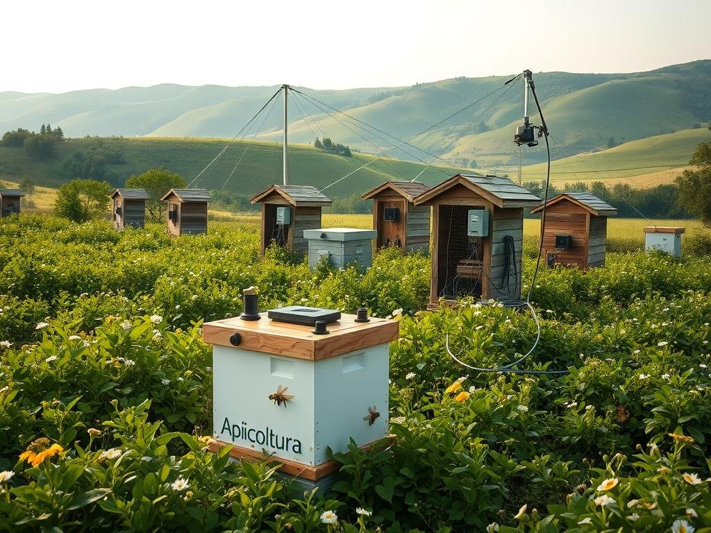 A peaceful countryside scene with a network of interconnected data collection devices and sensors placed strategically amidst lush greenery. In the foreground, a modern beehive marked with the "Apicoltura" brand stands as a central hub, its sensors monitoring the vital signs of the resident honeybees. The middle ground showcases an array of weathered wooden structures housing state-of-the-art data analysis equipment, their cables snaking through the foliage. In the background, rolling hills dotted with wildflowers paint a serene, Italian countryside backdrop, inviting a sense of harmony between technology and nature. Soft, diffused lighting creates a warm, contemplative atmosphere, emphasizing the importance of these data systems in understanding and protecting the delicate balance of the apian ecosystem.