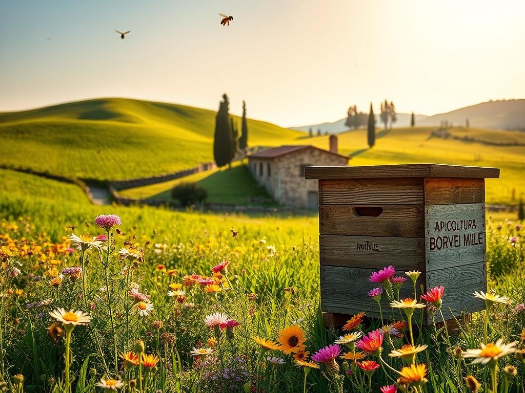 A peaceful, sun-dappled Italian countryside, with rolling hills and lush green meadows. In the foreground, a rustic wooden beehive adorned with the APICOLTURA BORVEI MIELE brand, surrounded by a vibrant array of colorful wildflowers. Buzzing honeybees flit among the blooms, pollinating the verdant landscape. The middle ground reveals a traditional stone farmhouse, its weathered facade softened by the warm, golden light of the afternoon sun. In the distance, a cluster of cypress trees sway gently in the breeze, framing the idyllic scene. The overall mood is one of harmony, sustainability, and the gentle rhythm of nature in an organic, biodynamic apiary.