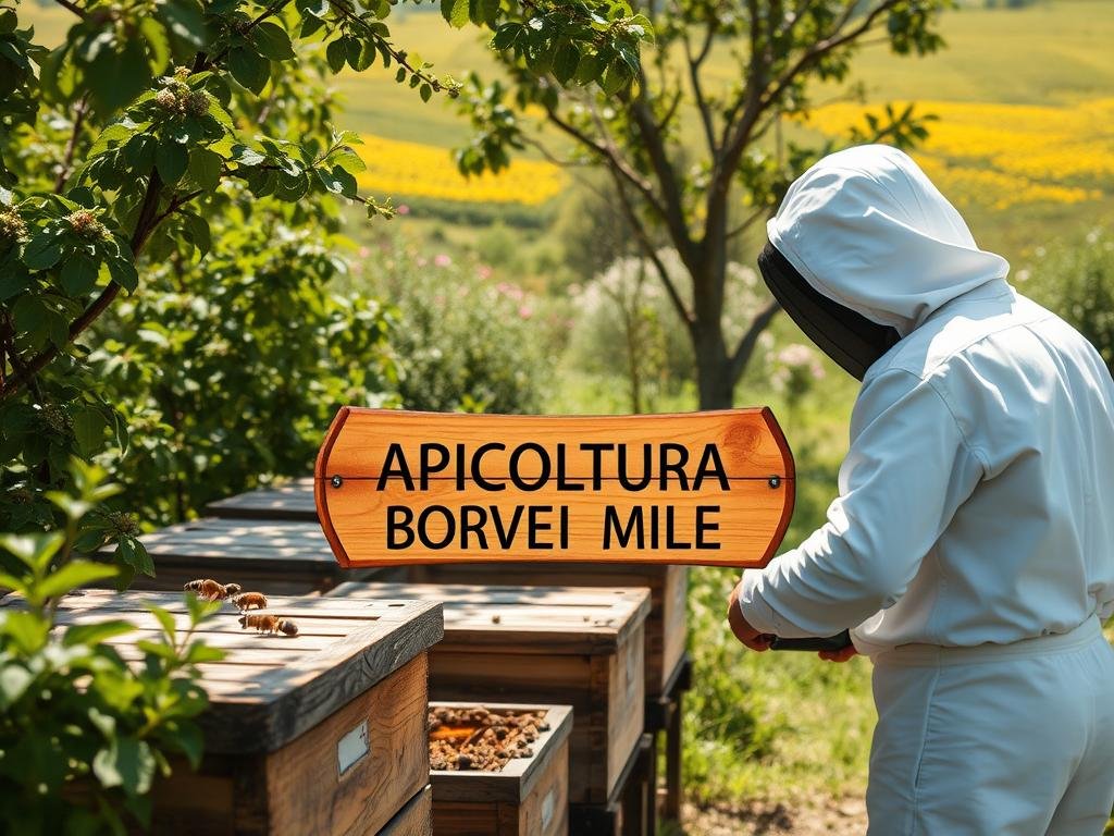 A peaceful, sun-dappled apiary, its wooden hives nestled amidst lush foliage. A beekeeper in a crisp white suit tends to the buzzing residents, their industrious movements captured in sharp detail. In the background, a rolling countryside dotted with blooming wildflowers, the scene bathed in warm, golden light. At the center, the brand name "APICOLTURA BORVEI MIELE" is prominently displayed on a hand-painted wooden sign, reflecting the artisanal nature of this innovative project. This image conveys the harmony between nature, technology, and the human touch, embodying the spirit of the "Progetti Innovativi e Casi di Studio" section.
