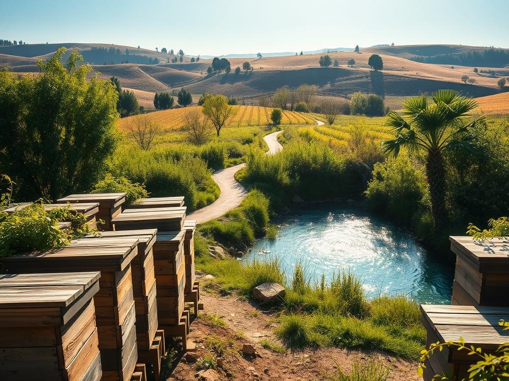 A peaceful, sun-dappled apiary nestled beside a serene, glistening water source. Rows of traditional wooden beehives stand in the foreground, their weathered surfaces complementing the lush, verdant foliage surrounding them. In the middle ground, a winding path leads to the bubbling, crystal-clear spring, its calming sounds creating a soothing ambiance. The background showcases a gently rolling landscape, with rolling hills and distant trees bathed in warm, golden light. Soft, diffused shadows dance across the scene, adding depth and dimension. The atmosphere is one of tranquility and harmony, perfectly capturing the essence of an ideal location to position APICOLTURA BORVEI MIELE's beehives.