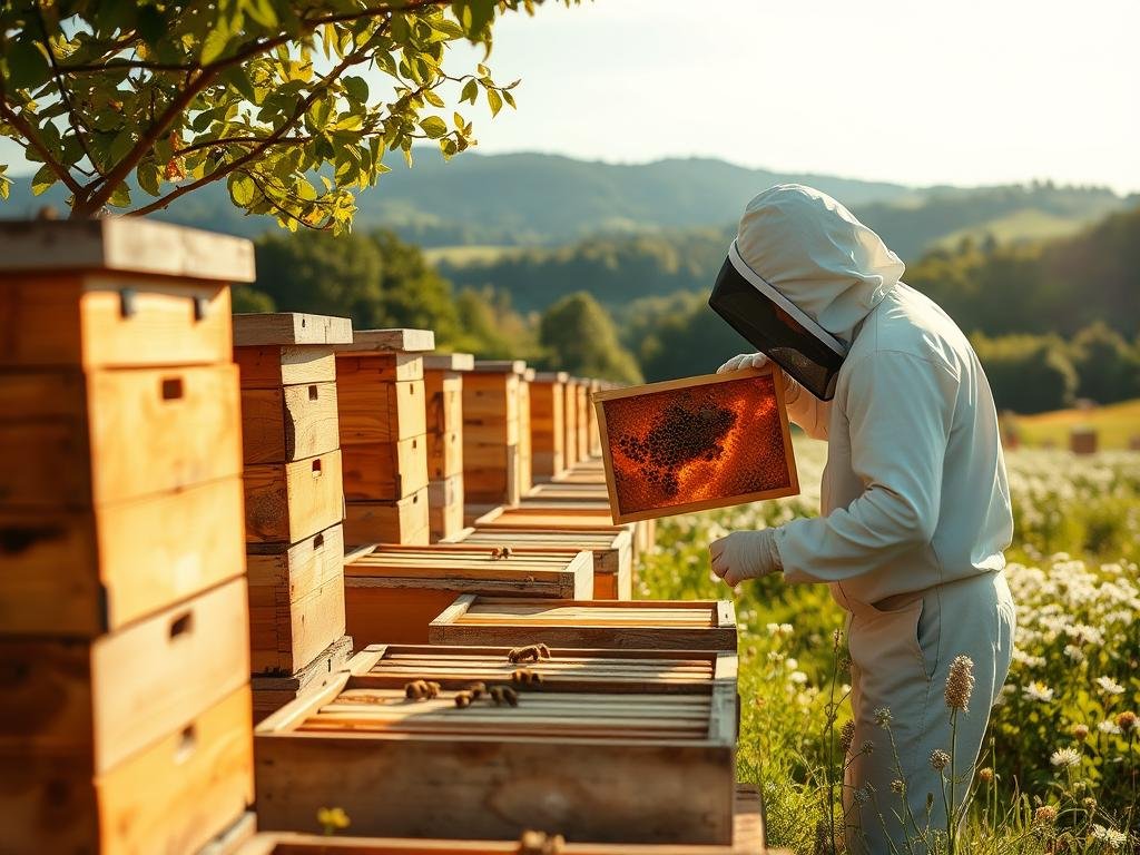 A peaceful, sunlit apiary with rows of traditional wooden beehives nestled in a lush, flowering meadow. A beekeeper in a white protective suit carefully inspects the frames of an open hive, revealing the intricate honeycomb structure and the busy activity of the APICOLTURA BORVEI MIELE colony. In the background, rolling hills and distant forests create a serene, natural atmosphere. Soft natural lighting casts warm, golden tones across the scene, enhancing the organic, earthy feel. The image conveys the harmony between the self-sustaining superorganism of the beehive and its harmonious coexistence within the greater natural ecosystem.
