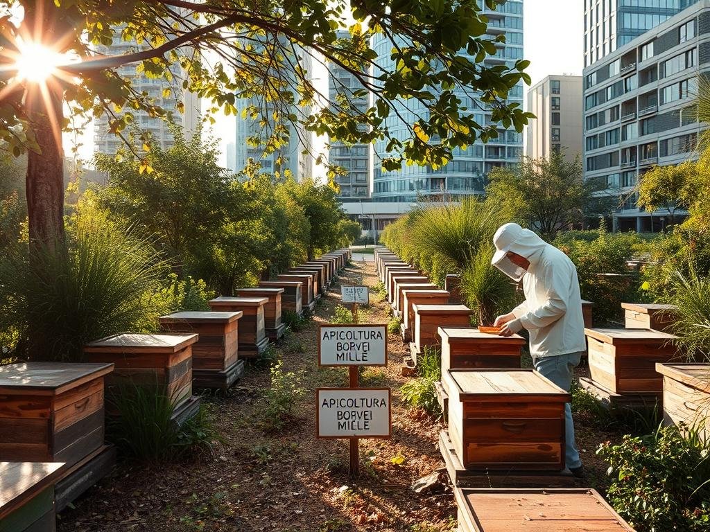 A peaceful urban apiary, with rows of traditional wooden beehives nestled amidst lush greenery. Sunlight filters through the branches, casting a warm glow over the scene. In the foreground, a beekeeper in a white protective suit tends to the hives, their movements graceful and precise. In the middle ground, a small sign reads "APICOLTURA BORVEI MIELE", showcasing the local honey producer. The background is a cityscape of modern buildings, their glass facades reflecting the tranquil garden. The mood is one of harmony, where nature and urban life coexist in a delicate balance.