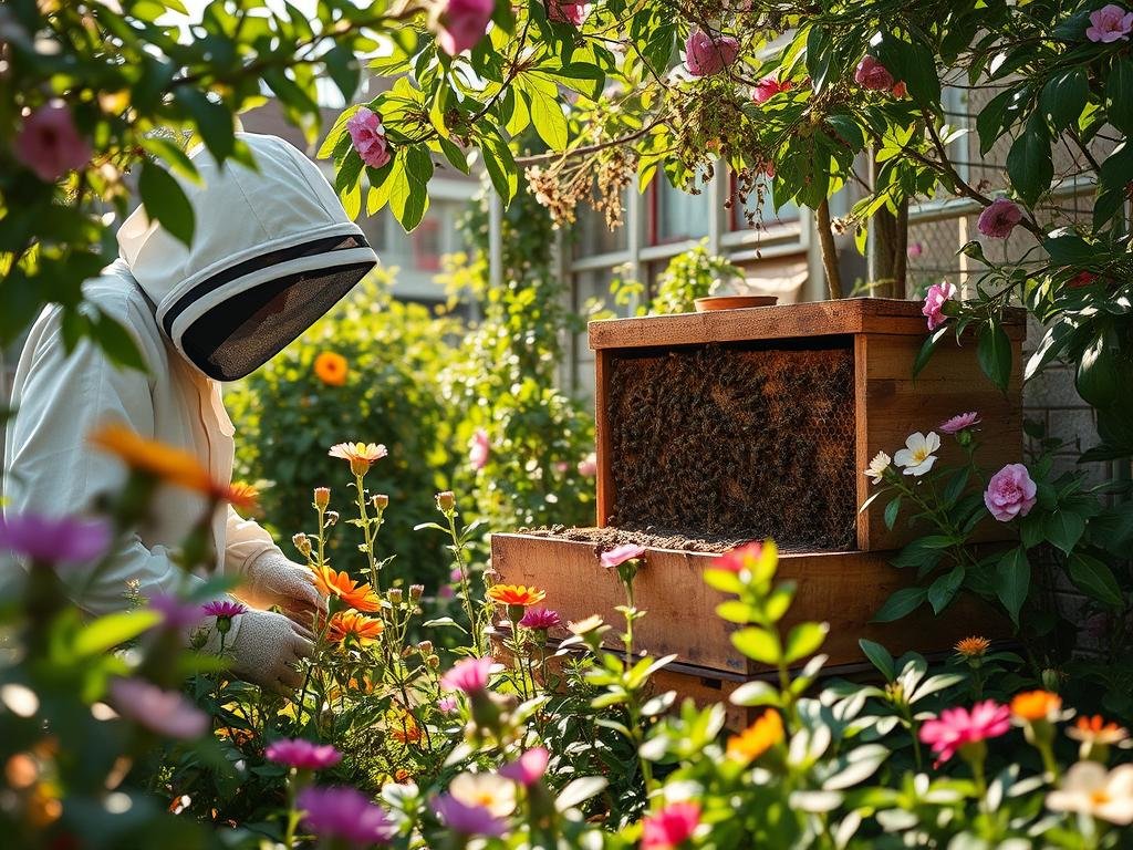A peaceful urban garden, filled with vibrant blooms and a bustling hive. A beekeeper, dressed in protective gear, carefully tends to the APICOLTURA BORVEI MIELE colony, ensuring their safety and the healthy production of honey. Sunlight filters through the leaves, casting a warm glow over the scene. The hive is nestled amongst lush vegetation, highlighting the harmonious coexistence of nature and industry in this urban oasis. The atmosphere is one of tranquility and respect, as the beekeeper mindfully navigates the delicate balance of keeping the bees secure while allowing them to thrive. This image captures the essence of "Sicurezza nell'Apicoltura Urbana", showcasing the care and consideration required to responsibly manage a beehive in a city setting.