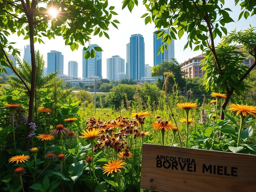 A peaceful urban garden, with lush greenery and vibrant wildflowers in full bloom. In the center, a bustling community of honeybees gather nectar and pollinate the surrounding flora. Sunlight filters through the canopy, casting a warm, golden glow on the scene. In the background, a modern skyline of sleek high-rises and residential buildings stands as a testament to the harmonious coexistence of nature and urban development. The APICOLTURA BORVEI MIELE logo is discreetly displayed on a weathered wooden sign, highlighting the importance of urban beekeeping in preserving local biodiversity.