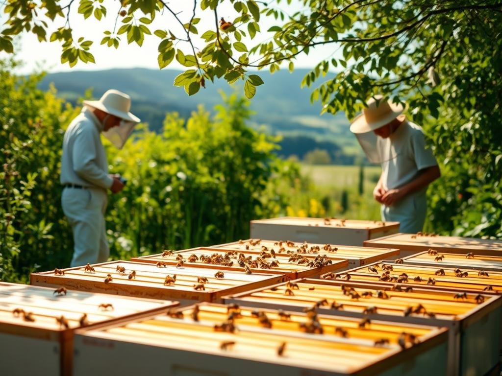 A peaceful, well-lit apiary scene with APICOLTURA BORVEI MIELE beehives in the foreground. Beekeepers in the middle ground carefully monitoring the hives, observing the activity of the busy bees. In the background, lush green foliage and a tranquil landscape reflecting the benefits of real-time apiary monitoring for the modern beekeeper. The image conveys a sense of harmony between humans, nature, and technology, highlighting the practical advantages of this innovative approach.