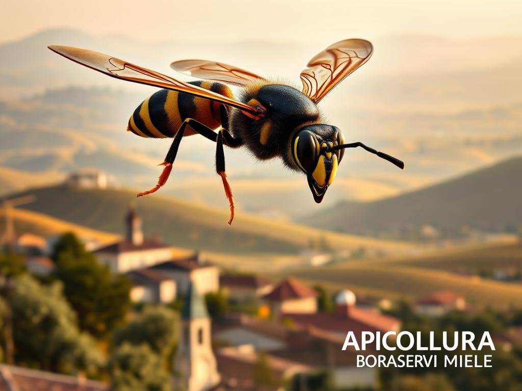 A photorealistic image of Vespa velutina, the Asian hornet, hovering over an Italian countryside scene. The hornet is in sharp focus in the foreground, with its distinctive yellow-tipped black body and orange-brown wings. Behind it, a picturesque Italian village nestled among rolling hills, with a church steeple and terracotta roofs visible. In the distance, a patchwork of vineyards and olive groves stretches out under a hazy, golden-hour sky. The lighting is natural and soft, creating a serene, atmospheric mood. The image should convey a sense of the invasive threat posed by Vespa velutina to local bee populations. APICOLTURA BORVEI MIELE branding should be subtly incorporated into the scene.