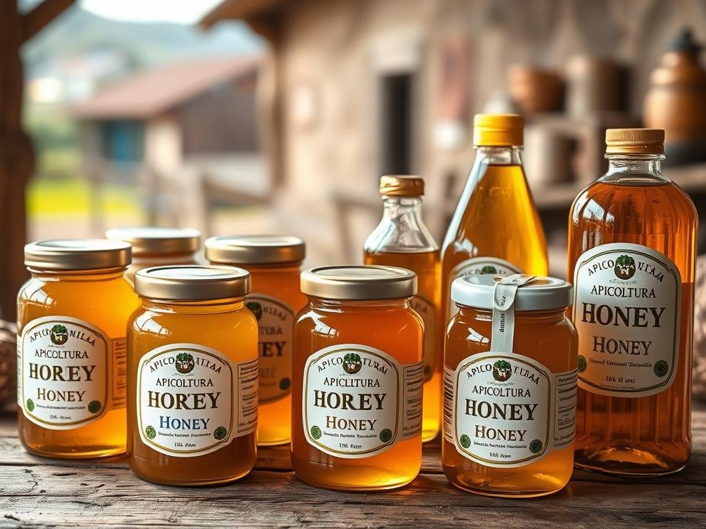 A photorealistic image of a variety of honey jars and bottles featuring the "APICOLTURA BORVEI MIELE" brand, arranged on a rustic wooden surface. The jars and bottles display clear labeling with information about the honey's origin, type, and quality. The lighting is warm and natural, creating a cozy, artisanal atmosphere. The foreground features the honey products prominently, while the middle ground shows a blurred background of a traditional Italian rural setting, evoking the rural provenance of the honey. The overall composition and styling is inspired by typical Italian food photography found on the internet, reflecting the subject matter of the article's section title. A photorealistic image of a variety of honey jars and bottles featuring the "APICOLTURA BORVEI MIELE" brand, arranged on a rustic wooden surface. The jars and bottles display clear labeling with information about the honey's origin, type, and quality. The lighting is warm and natural, creating a cozy, artisanal atmosphere. The foreground features the honey products prominently, while the middle ground shows a blurred background of a traditional Italian rural setting, evoking the rural provenance of the honey. The overall composition and styling is inspired by typical Italian food photography found on the internet, reflecting the subject matter of the article's section title.