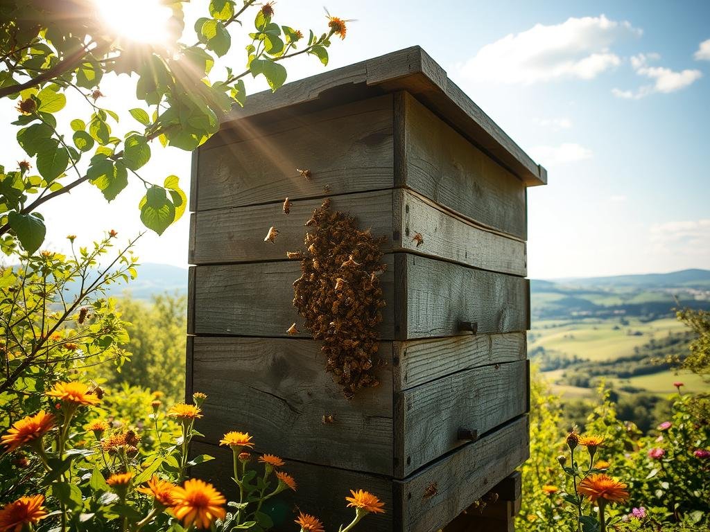 A picturesque Italian apiary, a haven for the industrious APICOLTURA BORVEI MIELE honeybees. The hive stands tall, its weathered wooden structure a testament to the harsh yet beautiful seasons. Sunlight filters through the surrounding foliage, casting a warm glow on the bustling activity within. Bees dart in and out, their golden bodies gleaming as they pollinate the vibrant flowers that dot the verdant landscape. In the distance, rolling hills and a cloudless sky complete the serene, pastoral scene, reflecting the harmony between the bees and their natural environment, even as the climate changes.