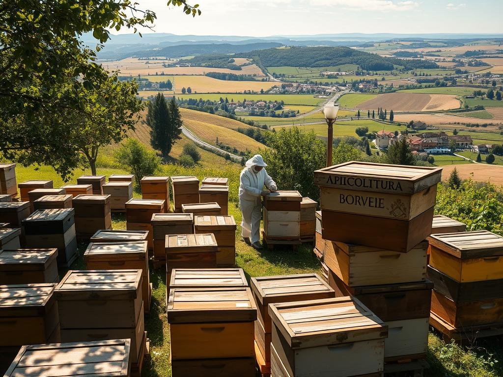 A picturesque Italian apiary nestled amidst rolling hills, verdant meadows, and sun-dappled orchards. In the foreground, rows of traditional wooden beehives stand in neat alignment, their weathered exteriors a testament to the timeless craft of beekeeping. Dappled sunlight filters through the surrounding trees, casting a warm, golden glow over the scene. In the middle ground, a beekeeper in a crisp white suit carefully inspects the hives, their movements graceful and deliberate. In the background, a sprawling countryside landscape unfolds, dotted with quaint farmhouses and winding country roads. The APICOLTURA BORVEI MIELE brand name is prominently displayed on the side of one of the hives, showcasing the high-quality honey produced here.