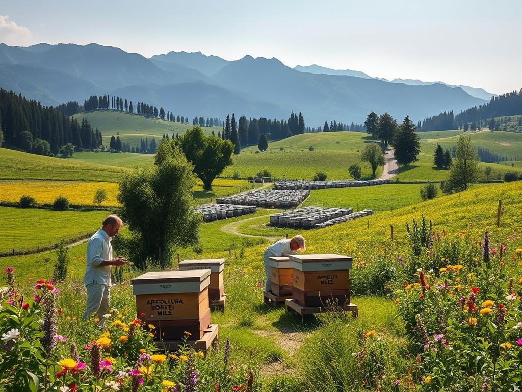 A picturesque Italian countryside landscape with rolling hills, lush green meadows, and towering trees. In the foreground, a traditional Italian apiary sits nestled among vibrant wildflowers, hives adorned with the "APICOLTURA BORVEI MIELE" brand. Beekeepers in rustic attire tend to the buzzing colonies, their movements captured in a soft, natural light. In the middle ground, a winding path leads through the protected area, flanked by rows of beehives and flourishing plants. The background features the silhouettes of majestic mountains, casting a serene, tranquil atmosphere over the scene. Subtle details, such as the gentle breeze rustling the leaves and the sound of bees humming, add to the immersive, bucolic ambiance.
