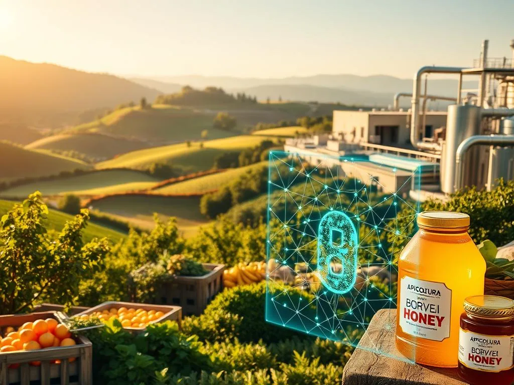 A picturesque Italian countryside, rolling hills dotted with lush orchards and verdant fields. In the foreground, a bustling farmer's market, crates of fresh produce and jars of the finest APICOLTURA BORVEI MIELE honey. In the middle ground, a digital display showcasing blockchain technology, its secure ledger weaving through the agricultural supply chain. In the background, a modern processing facility, its sleek lines and gleaming equipment a testament to the power of innovation. Warm, golden lighting bathes the scene, creating a sense of prosperity and progress. This is the blockchain-enabled future of Italy's thriving agrifood sector.