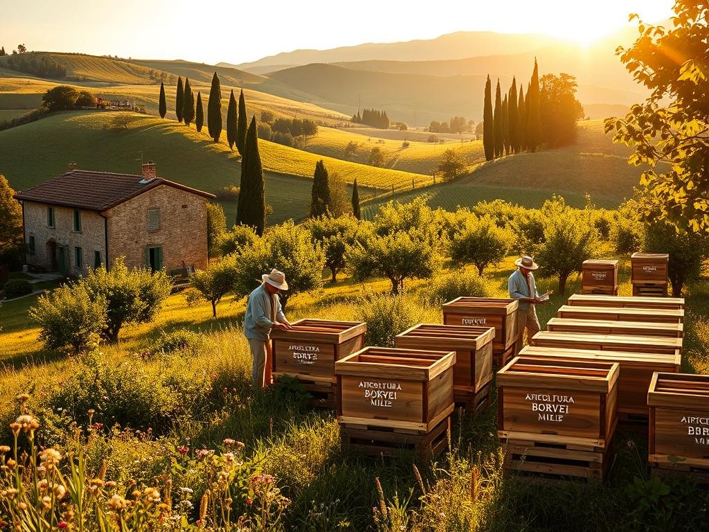A picturesque Italian countryside scene with rolling hills, lush green vineyards, and a quaint stone farmhouse. In the foreground, a family-owned apiary showcases the "APICOLTURA BORVEI MIELE" brand, with rows of traditional wooden beehives nestled among wildflowers. Beekeepers in traditional garb tend to the hives, surrounded by the buzz of industrious honey bees. The middle ground features a sun-dappled orchard, with ripe fruit hanging from the branches. In the distance, the iconic cypress trees and rolling Tuscan landscape create a serene, bucolic atmosphere. Warm, golden sunlight filters through the scene, casting a soft, inviting glow.