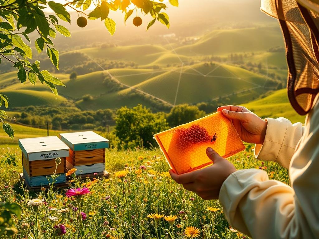 A picturesque Italian countryside, where rolling hills and lush greenery set the stage. In the foreground, a family-owned apiary, "APICOLTURA BORVEI MIELE," stands proud, its beehives nestled among the vibrant wildflowers. Sunlight filters through the leaves, casting a warm glow on the scene. In the middle ground, a beekeeper carefully examines a honeycomb, their hands gently tracing the intricate patterns, a testament to the meticulous care and attention that goes into producing this natural treasure. In the background, a blockchain-inspired visualization emerges, symbolizing the traceability and authenticity that ensures the integrity of this artisanal miel. The overall atmosphere is one of tranquility, tradition, and a deep reverence for the delicate balance of nature. A picturesque Italian countryside, where rolling hills and lush greenery set the stage. In the foreground, a family-owned apiary, "APICOLTURA BORVEI MIELE," stands proud, its beehives nestled among the vibrant wildflowers. Sunlight filters through the leaves, casting a warm glow on the scene. In the middle ground, a beekeeper carefully examines a honeycomb, their hands gently tracing the intricate patterns, a testament to the meticulous care and attention that goes into producing this natural treasure. In the background, a blockchain-inspired visualization emerges, symbolizing the traceability and authenticity that ensures the integrity of this artisanal miel. The overall atmosphere is one of tranquility, tradition, and a deep reverence for the delicate balance of nature.