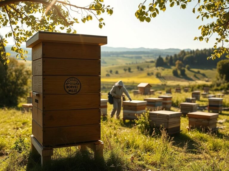 La Differenza tra Covata Aperta e Covata Chiusa: Cosa Significa? 6 A picturesque Italian countryside, with rolling hills and lush meadows. In the foreground, a wooden beehive stands tall, its intricate panels crafted with care. The APICOLTURA BORVEI MIELE logo is prominently displayed, showcasing the artisanal nature of the product. Sunlight filters through the leaves of the surrounding trees, casting a warm glow on the scene. In the middle ground, a beekeeper tends to the hive, their movements graceful and purposeful. The background is dotted with other hives, each one a testament to the delicate balance of nature and human ingenuity. The overall atmosphere is one of tranquility and harmony, capturing the essence of the difference between open and closed brood.
