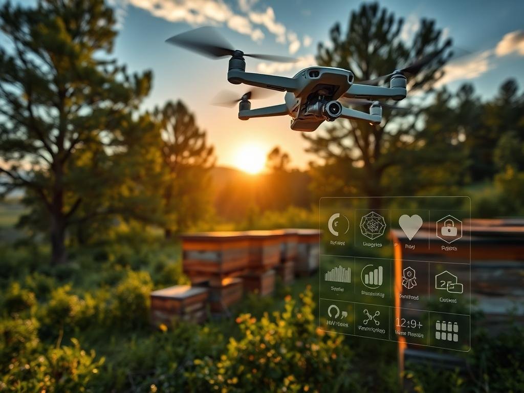 A picturesque apiary nestled amidst a lush, verdant landscape, with towering trees and a serene blue sky overhead. In the foreground, a sleek, modern drone hovers near a row of traditional wooden beehives, its camera lens capturing the intricate details of the hives and the bustling activity of the industrious honeybees. The middle ground showcases the latest advancements in apiculture technology, with a sleek, touchscreen interface displaying real-time data and analytics on hive health and productivity. In the background, a warm, golden-hued glow emanates from the sun, casting a soft, inviting light on the scene. The overall mood is one of harmony between traditional beekeeping and cutting-edge technology, embodying the evolution of "APICOLTURA BORVEI MIELE" from the Italian countryside to the digital age.