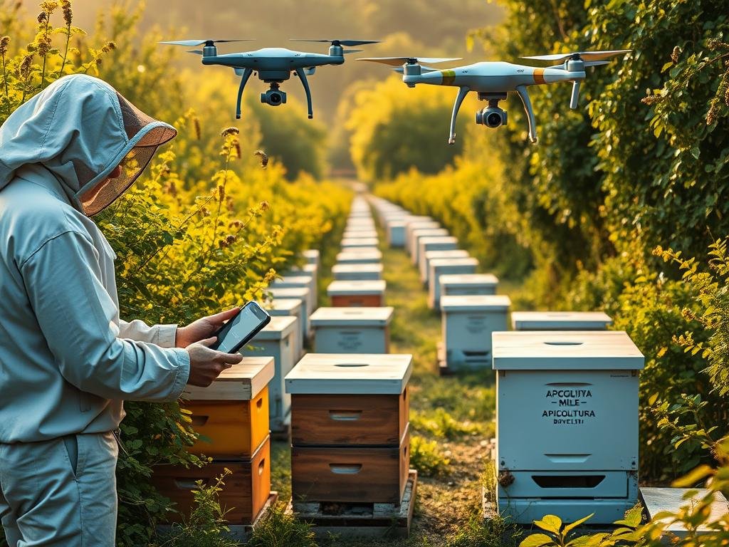 A picturesque apiary nestled amidst lush greenery, where the latest AI technologies are seamlessly integrated. In the foreground, a beekeeper attentively monitors a hive, using a handheld device to analyze data and optimize the colony's health. The middle ground features rows of well-maintained beehives, each bearing the proud insignia of "APICOLTURA BORVEI MIELE". Overhead, a drone equipped with advanced sensors surveys the apiary, gathering crucial insights to enhance the bees' productivity and the quality of the honey. The scene is bathed in warm, golden light, conveying a sense of harmony between nature and innovation. This image perfectly encapsulates the practical applications of AI in modern beekeeping, as described in the section "Applicazioni Pratiche dell'AI nell'Apicoltura".