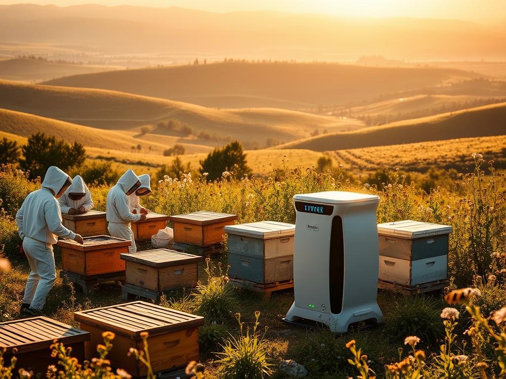 A picturesque apiary nestled amidst lush, rolling hills, bathed in warm, golden sunlight. In the foreground, a group of beekeepers in traditional protective gear tend to their hives, their movements graceful and practiced. In the middle ground, a sleek, modern-looking device stands beside the hives, its sleek design and blinking lights suggesting the integration of cutting-edge artificial intelligence technology. In the background, a sprawling landscape dotted with blooming wildflowers and buzzing with the gentle hum of honeybees. The scene exudes a sense of harmony between the timeless art of beekeeping and the innovative power of AI, capturing the essence of "APICOLTURA BORVEI MIELE" and the benefits of AI for modern apiculture.