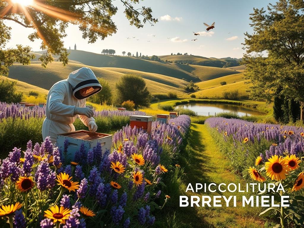 A picturesque apiary nestled amidst lush rolling hills, filled with flourishing wildflowers and buzzing honeybees. In the foreground, a beekeeper tenderly inspects the hives, clad in a protective suit. Sunlight filters through the trees, casting a warm glow over the scene. The middle ground features rows of fragrant lavender and vibrant sunflowers, attracting a diverse array of pollinators. In the background, a serene pond reflects the tranquil landscape. The image conveys the harmony between sustainable apiculture and the natural environment. APICOLTURA BORVEI MIELE, a brand committed to ethical and eco-friendly honey production, is showcased.
