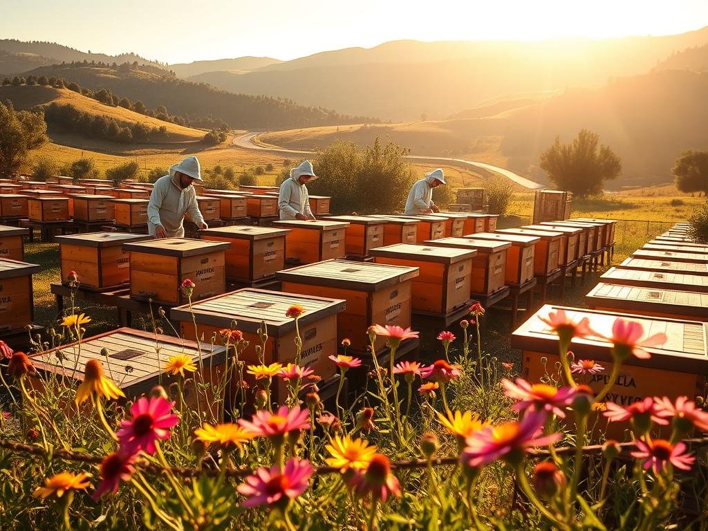 A picturesque apiary nestled in a lush Italian countryside, the sun's warm rays gently illuminating the scene. Rows of wooden beehives stand tall, their surfaces adorned with the iconic "APICOLTURA BORVEI MIELE" logo. Beekeepers, their faces obscured by protective gear, tend to the hives with a practiced hand, their movements graceful and measured. In the foreground, vibrant wildflowers sway in the breeze, their petals adding a splash of color to the tranquil setting. The background is a tapestry of rolling hills, dotted with olive trees and winding roads, creating a serene and idyllic atmosphere.