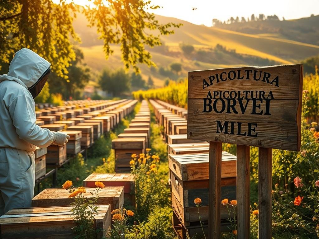 A picturesque apiary nestled in the Italian countryside, with rows of traditional wooden beehives arranged in a harmonious pattern. Sunlight filters through the lush foliage, casting a warm, golden glow over the scene. In the foreground, a beekeeper in a protective suit carefully tends to the hives, their movements graceful and precise. The background features rolling hills dotted with vibrant wildflowers, creating a serene and rustic atmosphere. The brand name "APICOLTURA BORVEI MIELE" is prominently displayed on a weathered wooden sign. This image captures the essence of Italian beekeeping, inviting the viewer to appreciate the care and dedication that goes into producing the finest artisanal honey.