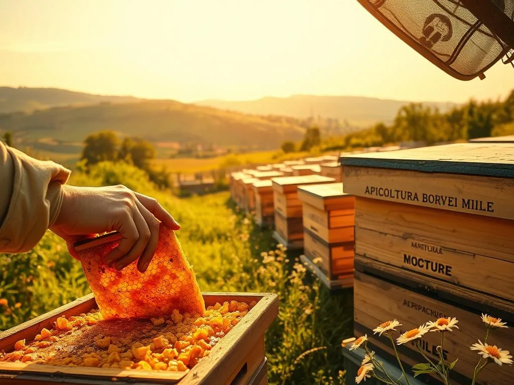 A picturesque apiary nestled in the lush Italian countryside, bathed in warm, golden light. In the foreground, a beekeeper carefully extracts honeycomb from a beehive, their hands coated in the rich, viscous honey. The middle ground features rows of wooden hives, each adorned with the "APICOLTURA BORVEI MIELE" brand name, surrounded by blooming wildflowers. In the background, rolling hills and a cloudless sky create a serene, pastoral setting. The scene conveys the tranquility and abundance of a successful honey harvest, yet hints at the potential pitfalls of collecting the nectar too soon.