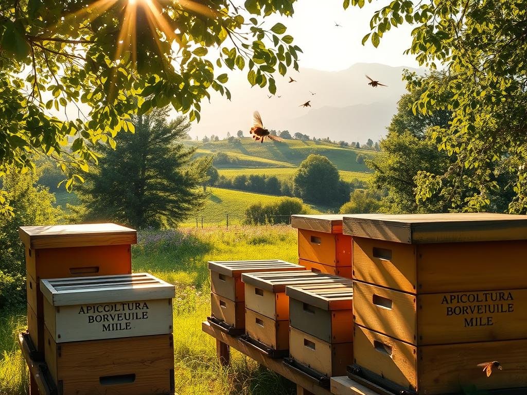 A picturesque apiary nestled in the lush Italian countryside, sunlight filtering through the leaves of the trees surrounding it. In the foreground, several wooden beehives painted in warm, earthy tones, each adorned with the "APICOLTURA BORVEI MIELE" brand name. Bees can be seen flitting in and out of the hives, their gentle buzzing filling the air. The middle ground features a rolling meadow dotted with vibrant wildflowers, while the background showcases a distant mountain range bathed in a soft, golden glow. The scene conveys a sense of tranquility and harmony, perfectly capturing the essence of a well-tended and registered apiary in Italy.