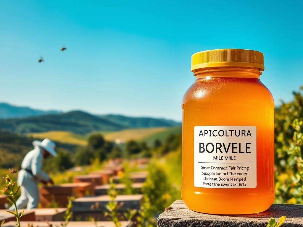 A picturesque apiary set against a backdrop of lush, rolling hills and a clear, azure sky. In the foreground, a beekeeper in a crisp white suit carefully tends to the hives, while a shimmering swarm of honeybees dance around them. In the middle ground, a large jar of golden honey stands prominently, with the label "APICOLTURA BORVEI MIELE" clearly visible. Smart contract terms are projected onto the jar, outlining the fair pricing agreement between the beekeeper and their partners. The scene is bathed in warm, natural lighting, conveying a sense of harmony and prosperity within the honey supply chain.