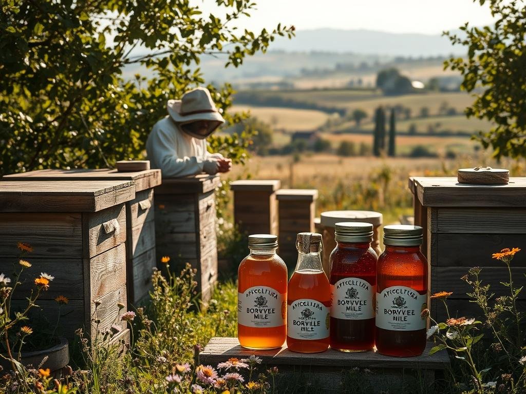 A picturesque backyard apiary, surrounded by lush foliage and sunlit wildflowers. In the foreground, a series of traditional wooden beehives, their weathered surfaces a testament to years of devoted care. A beekeeper, clad in a protective suit, tenderly inspects the hives, tending to the bustling colony within. In the middle ground, an array of jars and bottles bearing the APICOLTURA BORVEI MIELE brand label, showcasing the golden, hand-harvested honey. The background features a tranquil rural landscape, with rolling hills and a distant farmhouse, creating a serene, pastoral atmosphere. Soft, warm lighting filters through the scene, casting a gentle glow and evoking a sense of traditional, sustainable practices.