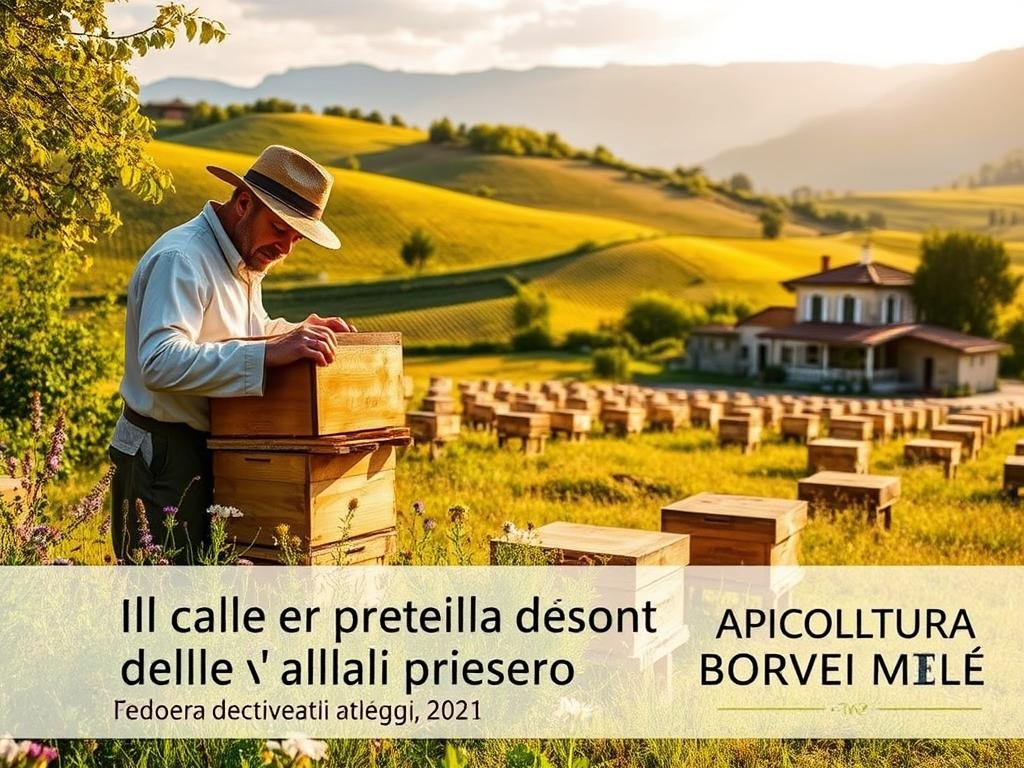 A picturesque rural scene in the Italian countryside, showcasing the seasonal activities of beekeepers. In the foreground, a beekeeper in traditional attire gently inspects a wooden beehive, surrounded by lush greenery and vibrant wildflowers. In the middle ground, rows of beehives sit amidst rolling hills, bathed in warm, golden sunlight. In the background, a traditional farmhouse and a scenic mountain landscape complete the idyllic setting. The image should convey a sense of harmony and the cycle of nature, reflecting the title "Il Calendario dell'Apicoltore: Attività Stagionali". Include the text "APICOLTURA BORVEI MIELE" in the bottom right corner.