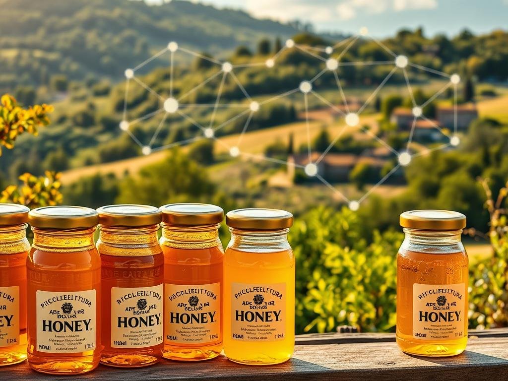 A picturesque scene of a modern blockchain-powered honey production and distribution system. In the foreground, a stack of transparent, tamper-evident blockchain-enabled honey jars, each emblazoned with the "APICOLTURA BORVEI MIELE" brand. In the middle ground, a network of interconnected nodes representing the secure, decentralized blockchain network tracking the honey's journey from hive to table. In the background, a lush, verdant Italian countryside dotted with apiaries, hinting at the traceability and transparency of the honey's origins. Warm, golden lighting illuminates the scene, conveying a sense of trust, quality, and sustainability. The overall composition reflects the article's focus on how blockchain technology can enhance transparency in honey production and distribution. A picturesque scene of a modern blockchain-powered honey production and distribution system. In the foreground, a stack of transparent, tamper-evident blockchain-enabled honey jars, each emblazoned with the "APICOLTURA BORVEI MIELE" brand. In the middle ground, a network of interconnected nodes representing the secure, decentralized blockchain network tracking the honey's journey from hive to table. In the background, a lush, verdant Italian countryside dotted with apiaries, hinting at the traceability and transparency of the honey's origins. Warm, golden lighting illuminates the scene, conveying a sense of trust, quality, and sustainability. The overall composition reflects the article's focus on how blockchain technology can enhance transparency in honey production and distribution.