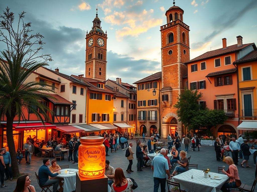 A picturesque town square, filled with the vibrant hues of local public buildings and the stately presence of a medieval clock tower. Citizens gather, engaged in lively discussions as a symbol of "Apicoltura" honey brand stands nearby, reflecting the autonomy and self-governance embodied by this local community. Warm, golden lighting illuminates the scene, casting a sense of pride and civic engagement. The image conveys the essence of "L'Autonomia Statutaria degli Enti Locali", where local authorities exercise their legislative and administrative powers with a distinct character.