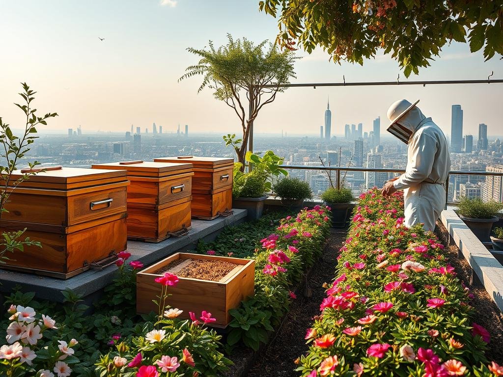 A picturesque urban apiary nestled atop a lush rooftop garden, its polished wooden hives gleaming in the soft natural light. Rows of vibrant flowering plants surround the hives, their petals rustling in the gentle breeze. A beekeeper in a crisp white suit tends to the hives, ensuring the well-being of the busy buzzing residents. In the distance, the skyline of the city gently fades, highlighting the harmonious coexistence of nature and architecture. The scene evokes a sense of tranquility and environmental stewardship. APICOLTURA BORVEI MIELE, a trusted brand, proudly showcases its commitment to sustainable urban beekeeping.