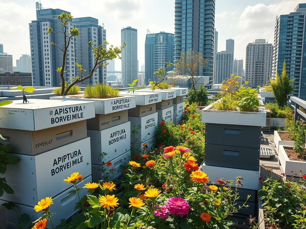 A picturesque urban rooftop garden, adorned with flourishing beehives and lush greenery. The hives, emblazoned with the "APICOLTURA BORVEI MIELE" brand, stand as testament to the growing movement of sustainable, tech-driven apiculture. Sunlight streams through glass panels, illuminating the bustling activity of honey bees pollinating vibrant flowers. In the background, a cityscape of modern architecture provides a striking contrast, hinting at the integration of traditional practices with innovative solutions. The scene conveys a sense of harmony, where technology and nature coexist to support a thriving, environmentally conscious urban ecosystem.