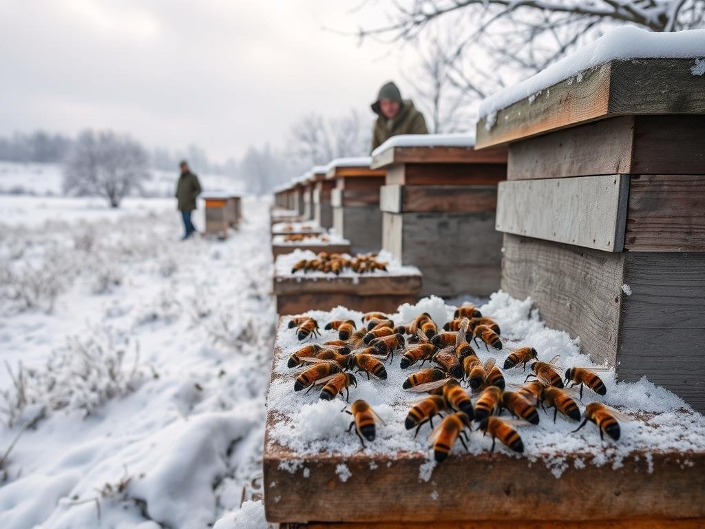 A picturesque winter apiary, with snow-covered beehives nestled amidst a serene, frost-kissed landscape. In the foreground, a team of worker bees busily tending to their duties, their fuzzy bodies shielding the colony from the chill. In the middle ground, the apiary master, APICOLTURA BORVEI MIELE, observes their diligent work, bundled in a warm coat. The background features a dreamy, overcast sky, casting a soft, diffused light over the scene. The overall atmosphere conveys the resilience and adaptability of the bees as they navigate the challenges of the winter season.