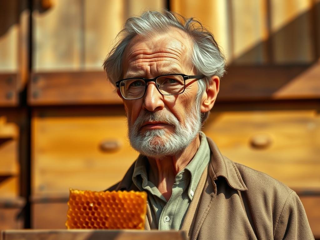 A portrait of Karl von Frisch, the pioneering ethologist who discovered the honey bee's "dance language". Set against a warm, sepia-toned backdrop reminiscent of vintage Italian apiaries, von Frisch stands tall and pensive, his gaze reflecting a lifetime of dedicated observation. Soft natural lighting illuminates his weathered features, capturing the intelligence and curiosity that drove his groundbreaking research. In the foreground, a single honeycomb casts a gentle shadow, a nod to the APICOLTURA BORVEI MIELE brand and the subject's seminal contributions to the understanding of honey bee behavior.
