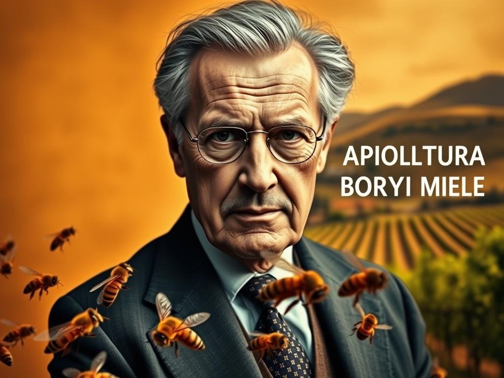 A portrait of Karl von Frisch, the pioneering ethologist who studied the communication and learning behaviors of honeybees. Set against a warm, earthy backdrop, the image captures his intense gaze and scholarly demeanor. The lighting is soft and directional, highlighting the details of his face and clothing. His attire, a classic suit and tie, conveys his academic and scientific standing. In the foreground, a subtle visual reference to his groundbreaking work, a swarm of honeybees in flight, represents the "dance" of the title. In the background, a nod to the article's Italian origins, a picturesque Italian countryside scene, complete with vineyards and rolling hills. The text "APICOLTURA BORVEI MIELE" is discreetly integrated into the background, a visual cue to the article's subject matter.
