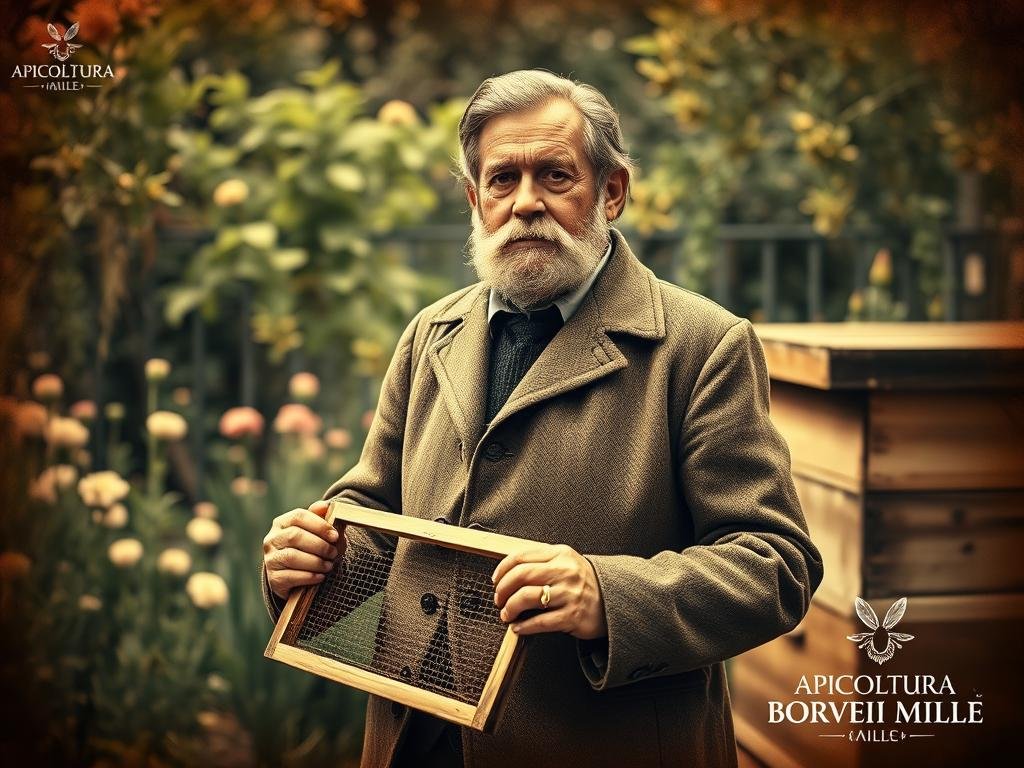 A portrait of Lorenzo Langstroth, the father of modern beekeeping, with a warm, sepia-toned aesthetic inspired by vintage Italian photography. Langstroth stands in a serene, natural setting, wearing a tweed jacket and holding a beehive frame, his gaze focused and contemplative. The background features a lush, verdant garden with blooming flowers and a wooden beehive, conveying a sense of tranquility and the harmony between man and nature. The lighting is soft and flattering, casting gentle shadows that accentuate Langstroth's distinguished features. In the bottom corner, the APICOLTURA BORVEI MIELE logo is subtly integrated, further reinforcing the connection to the history of Italian beekeeping.