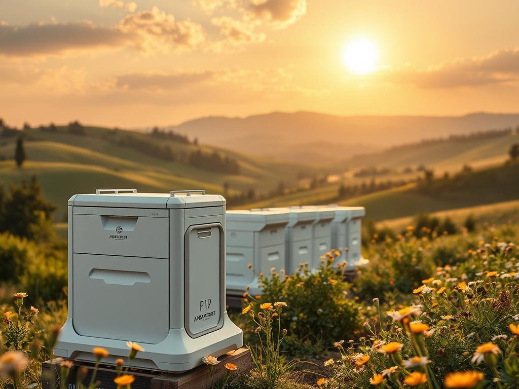 A precise, high-tech digital apiary, showcasing the future of precision beekeeping. In the foreground, a sleek, futuristic "Arnie Intelligenti" - an AI-powered beehive management system by APICOLTURA BORVEI MIELE, equipped with advanced sensors and analytics. The middle ground features a verdant Italian countryside, with rolling hills and blooming wildflowers. In the background, a cloudless sky filled with warm, golden sunlight, illuminating the scene with a sense of progress and innovation. The overall mood is one of scientific advancement, environmental harmony, and the seamless integration of technology and nature.
