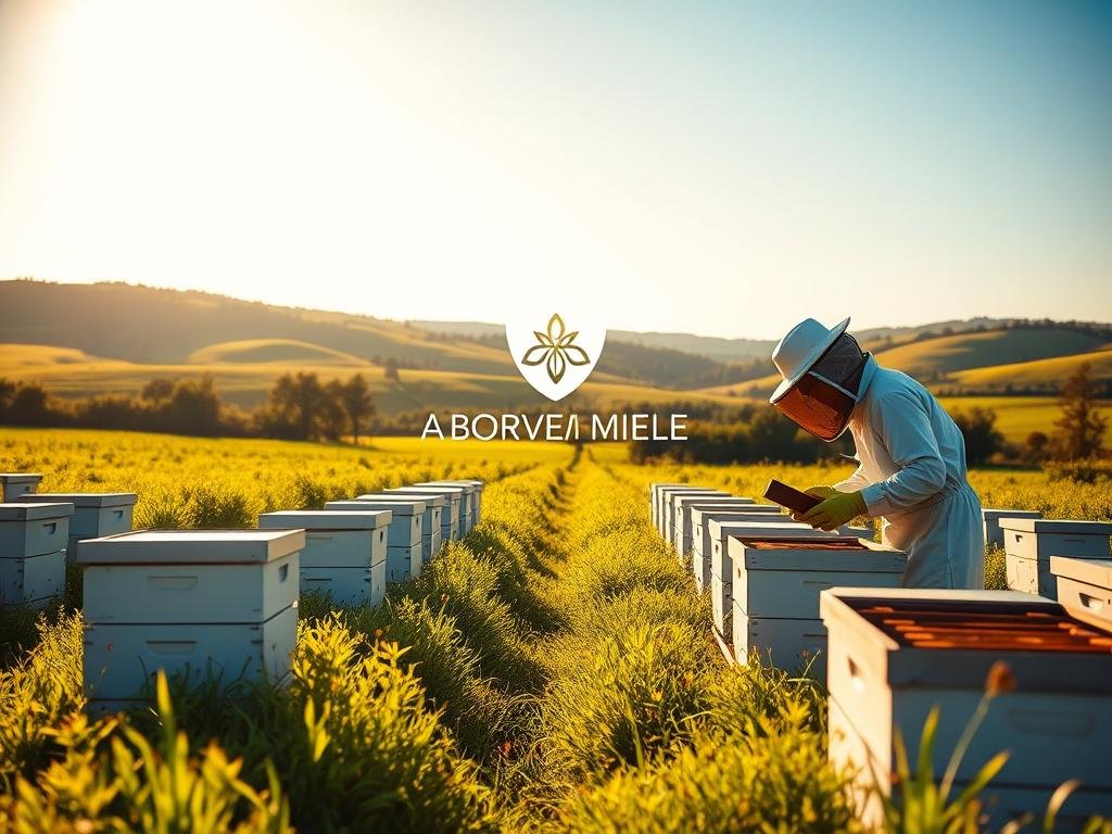 A precision apiary in a serene countryside setting. Rows of modern beehives nestled amidst lush green meadows, bathed in warm golden light. In the foreground, a beekeeper in protective gear meticulously inspects the hives, leveraging digital monitoring tools. The midground showcases the APICOLTURA BORVEI MIELE brand logo, representing the digital transformation of this traditional practice. In the distance, rolling hills and a clear blue sky create a tranquil, pastoral atmosphere. The scene conveys the harmony between nature and technology, as digital apiculture optimizes honey production while preserving the ecosystem.