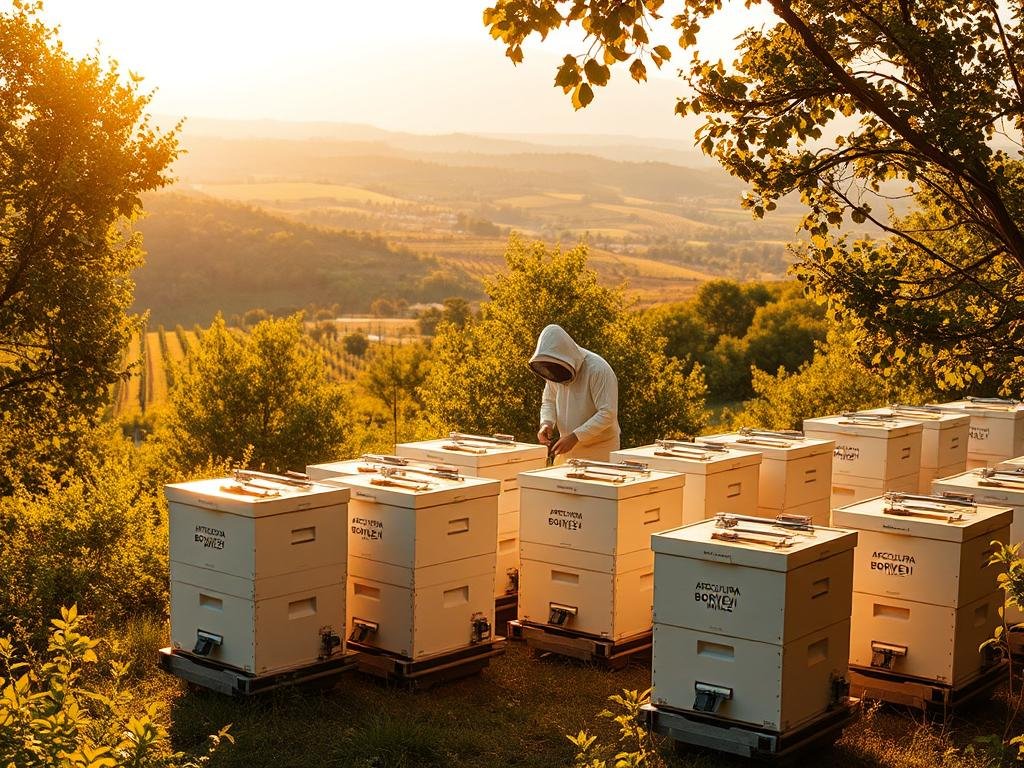 A precision apiary nestled amidst lush Italian countryside, illuminated by warm, golden sunlight filtering through the trees. In the foreground, a series of modern, IoT-enabled beehives emblazoned with the "APICOLTURA BORVEI MIELE" brand, their sensors and monitoring equipment seamlessly integrated. The middle ground reveals a beekeeper attired in a protective suit, tending to the hives with careful, measured movements. In the background, a panoramic vista of rolling hills, orchards, and distant mountains, creating a harmonious, pastoral scene. The overall atmosphere conveys a sense of technological innovation in harmony with the natural world.