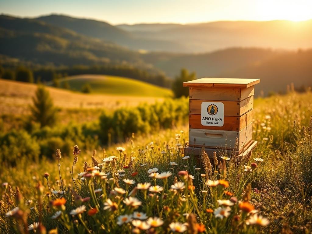 A pristine Italian countryside, bathed in warm, golden sunlight. In the foreground, a sleek, modern-looking API interface hovers over a lush, blooming field of wildflowers, its clean lines and intuitive design evoking a sense of effortless connectivity. In the middle ground, a traditional Italian beehive, the APICOLTURA BORVEI MIELE logo emblazoned upon its surface, stands as a symbol of the region's rich apicultural heritage. In the distance, rolling hills and verdant forests stretch out, creating a serene, contemplative atmosphere. The overall scene conveys a harmonious blend of technology and nature, reflecting the timeless relationship between humanity and the bountiful gifts of the land.